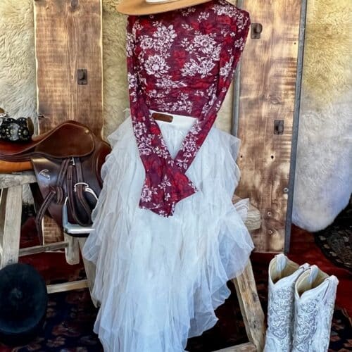 Vintage Floral Ruched Mesh Top - Wine